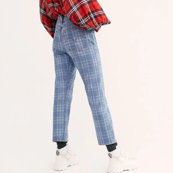 Levi's x Free People Blue Plaid Print High Rise Button Fly Wedgie Straight Jeans - Picture 2 of 13